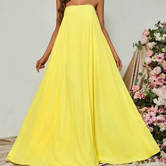 Yellow Preppy Womens Choker Neck Backless Maxi Formal Dress - Picture 3 of 5